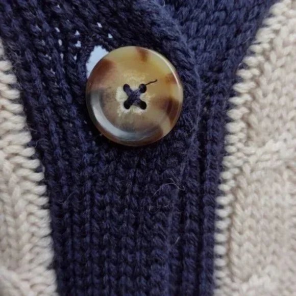La Ligne XL Merino Wool Cable Knit Cardigan Shawl Collar Navy Cream NWOT - Picture 7 of 8